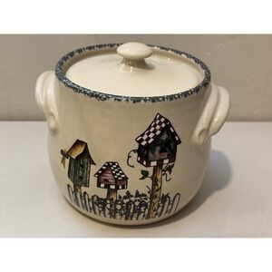2000 Home And Garden Party Bird Houses Canister Bean‎ Pot with Lid & Handles USA